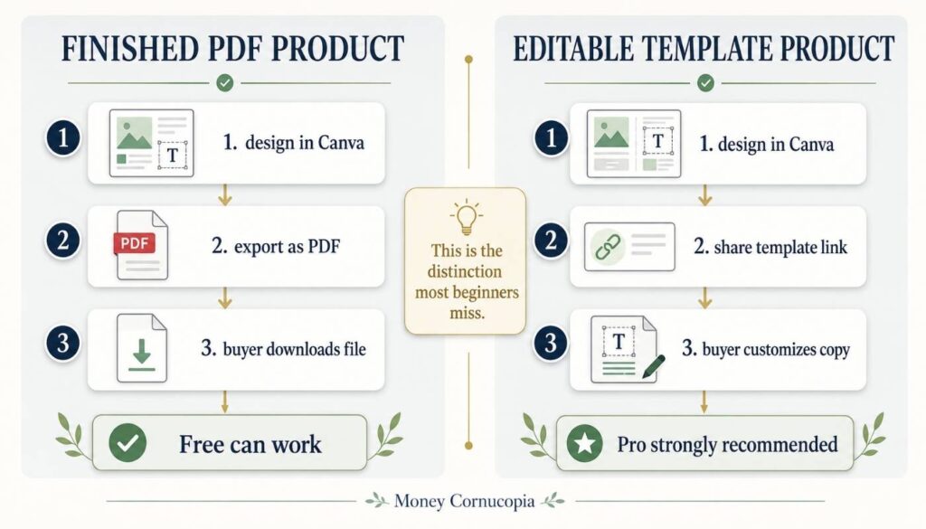Split-path infographic explaining the difference between finished PDF digital products and editable Canva template products for Etsy and Gumroad sellers.