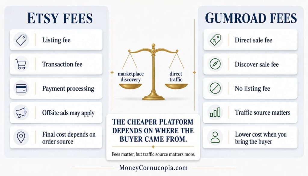 Fee comparison infographic showing Etsy listing, transaction, payment, and offsite ad fees beside Gumroad direct and discovery fees.