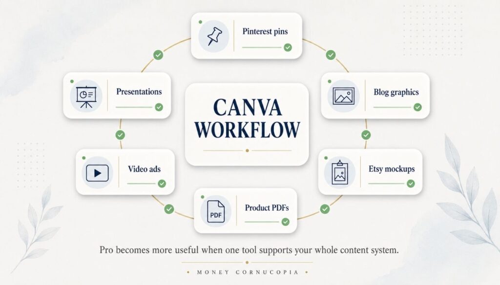 Canva workflow diagram showing Pinterest pins, blog graphics, Etsy mockups, product PDFs, video ads, and presentations for a digital product business.