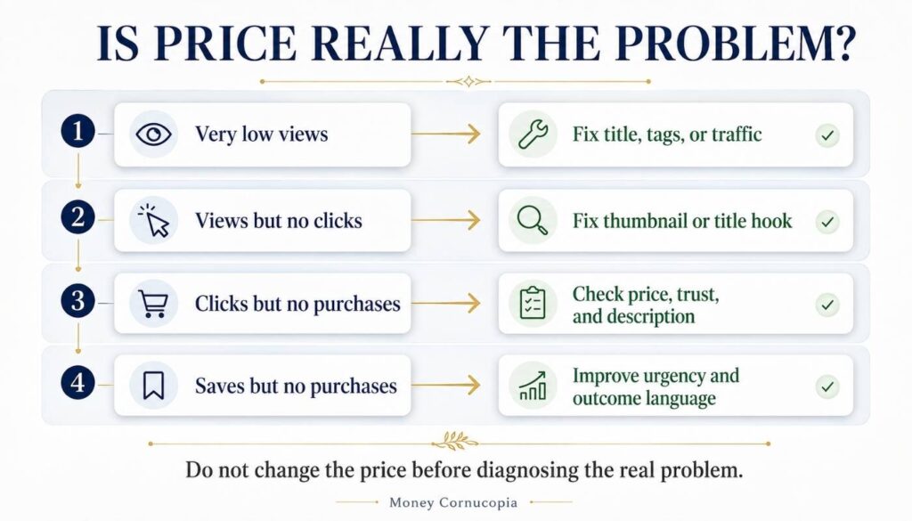 Diagnostic flowchart showing whether an Etsy listing problem comes from low views, no clicks, no purchases, or saves without sales.