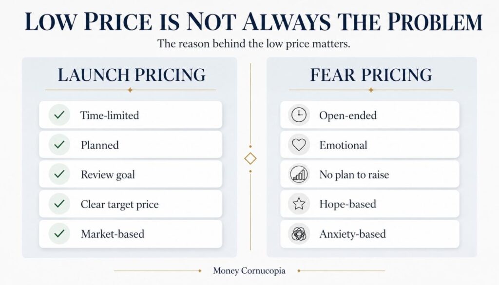 Two-column infographic comparing planned launch pricing with fear-based pricing for new Etsy digital product sellers.