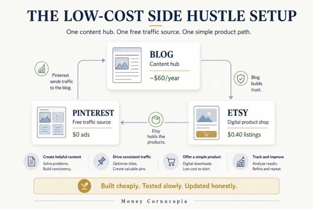 Diagram showing a simple online side hustle system with a blog as the content hub, Pinterest as the free traffic source, and Etsy as the digital product shop.