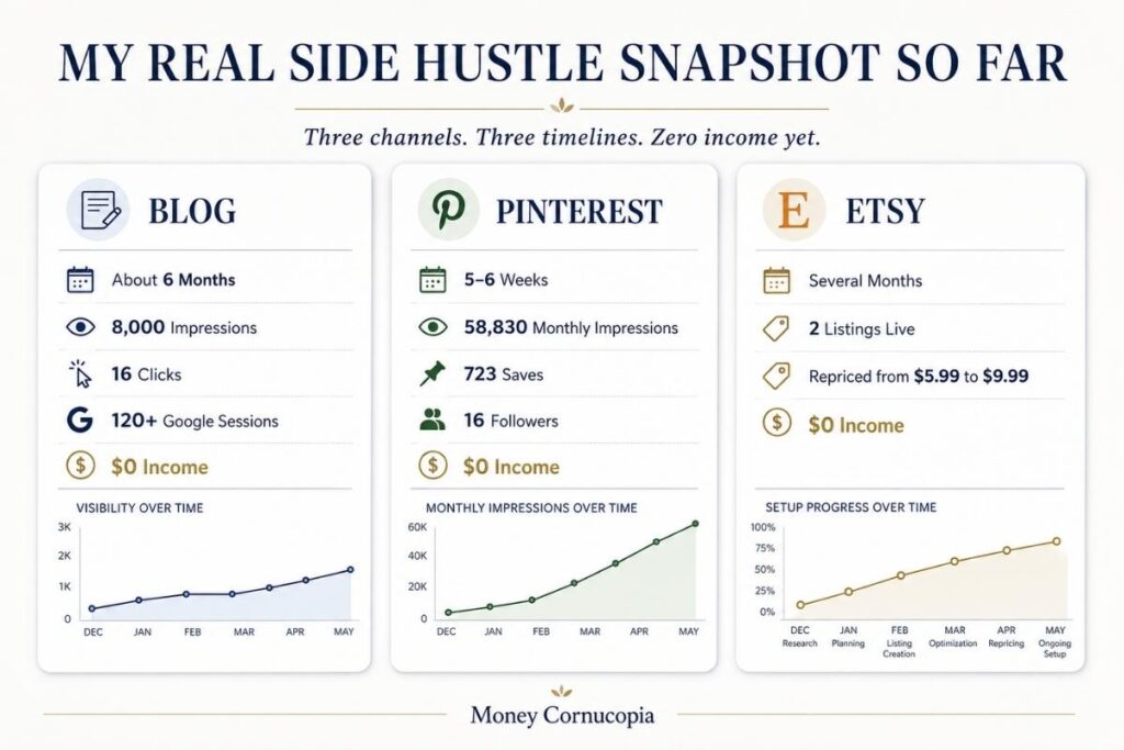 A real side hustle progress snapshot showing blog impressions, Pinterest impressions, Etsy listings, and zero income so far.