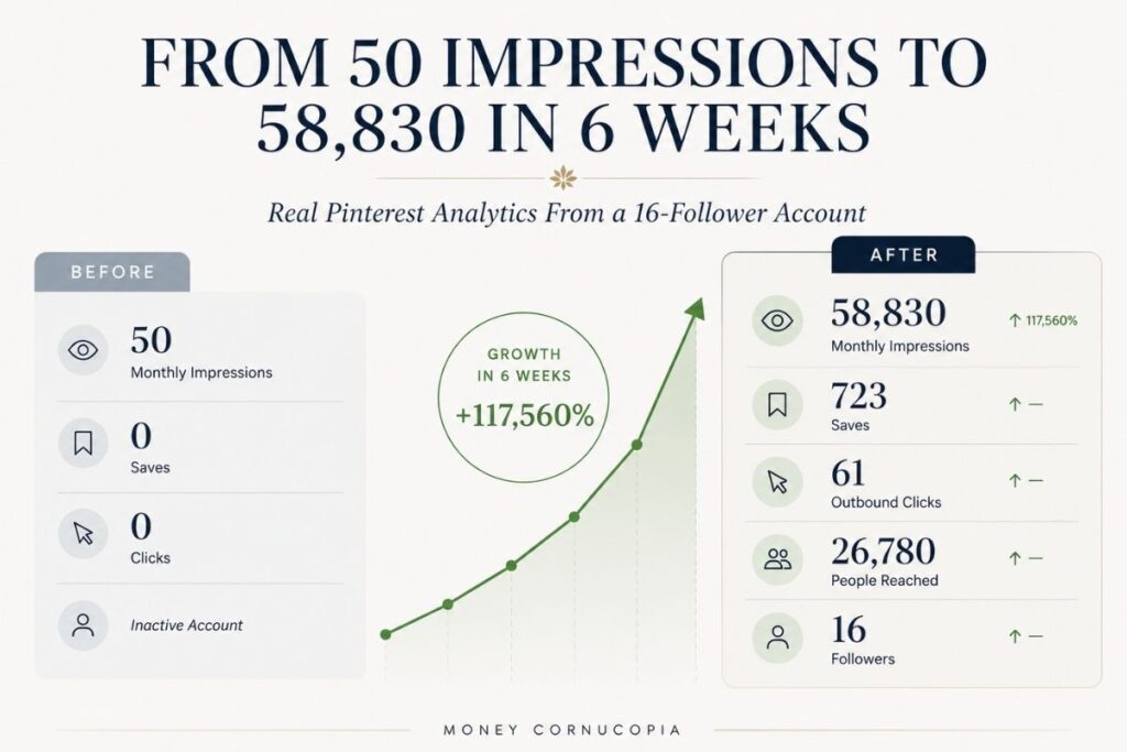 Before and after Pinterest growth comparison showing increase from 50 impressions to 58,830 monthly impressions with 16 followers