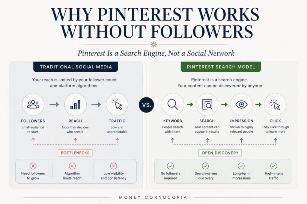 Comparison showing Pinterest search traffic model versus traditional social media follower-based reach
