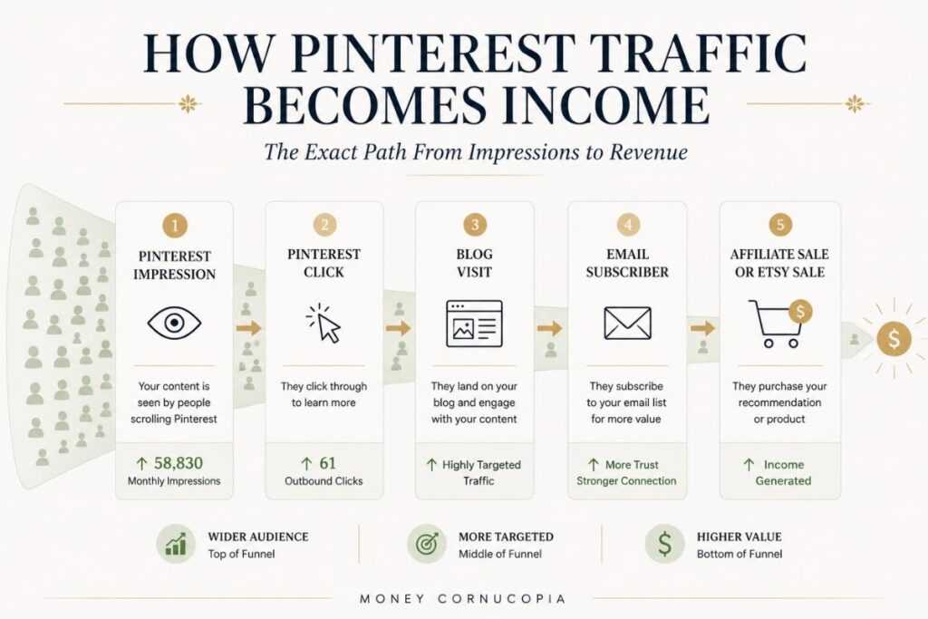 Pinterest income funnel showing how impressions become clicks, blog visits, email subscribers, affiliate sales, and Etsy sales