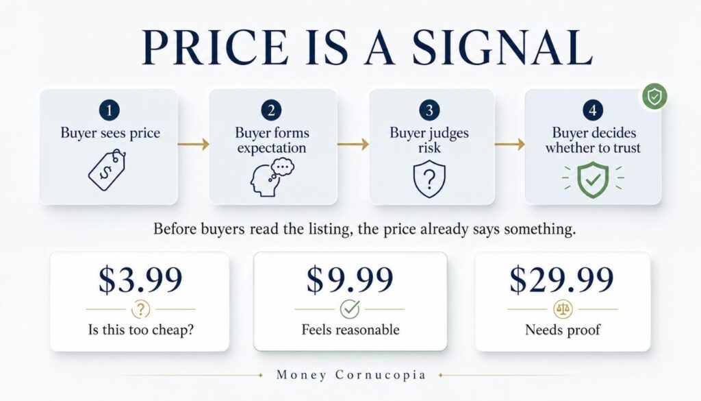 Flowchart showing how Etsy buyers see a price, form an expectation, judge risk, and decide whether to trust a digital product listing.
