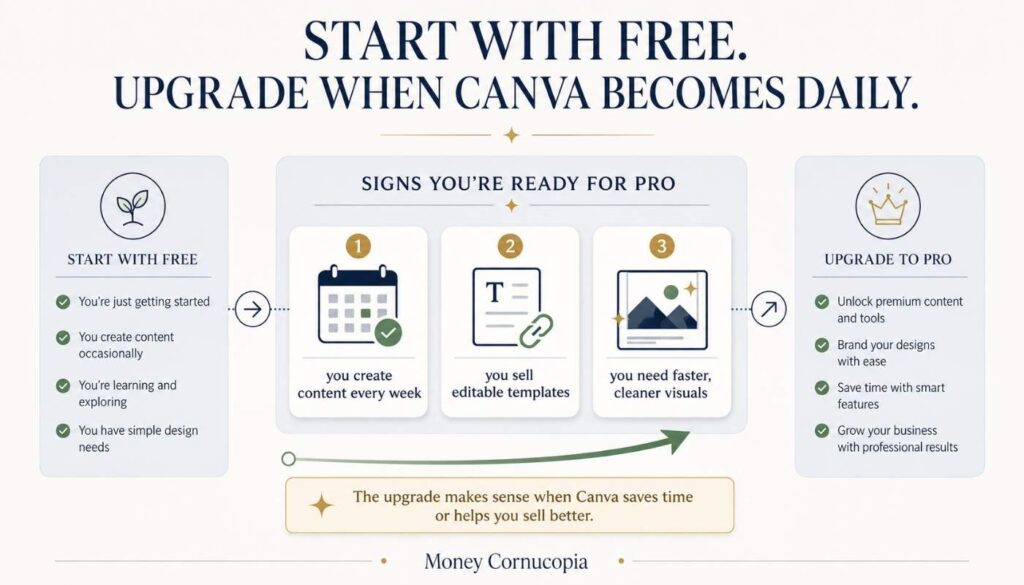 Final recommendation graphic explaining when to start with Canva Free and when to upgrade to Canva Pro for digital products, templates, and content creation.
