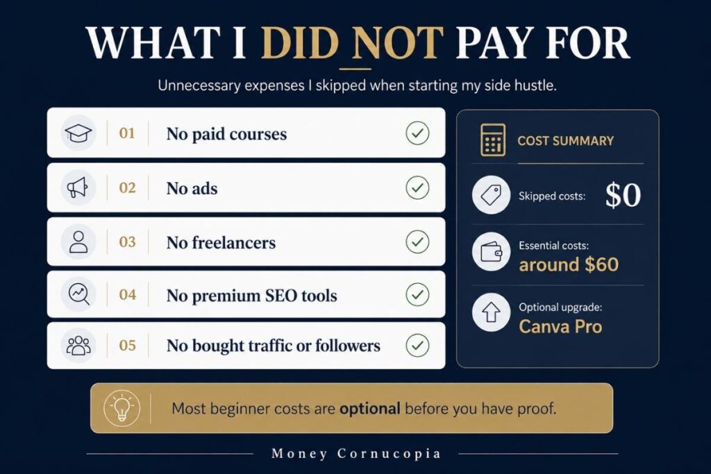 Checklist showing side hustle expenses skipped at the start, including paid courses, ads, freelancers, premium SEO tools, and bought traffic or followers.