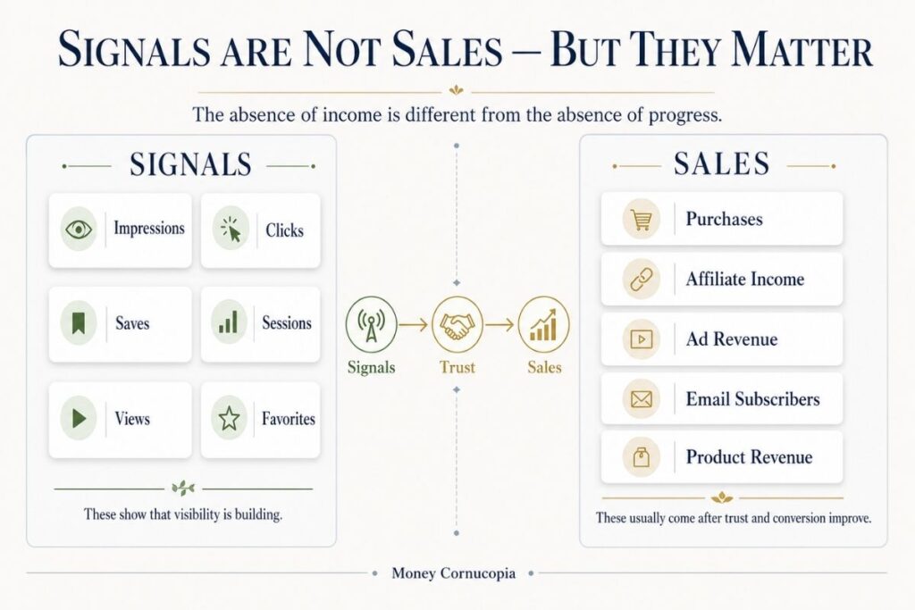 A comparison infographic showing side hustle signals like impressions, clicks, saves, sessions, and views versus sales and income.