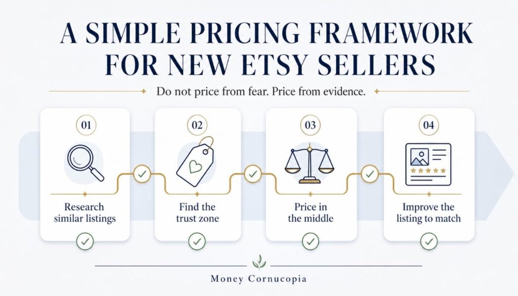 Roadmap infographic showing four steps for pricing Etsy digital products: research similar listings, find the trust zone, price in the middle, and improve the listing to match.