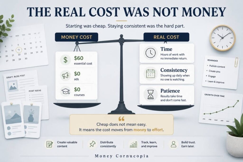 Concept graphic showing that the real cost of a low-budget side hustle is time, consistency, and patience, not just money.