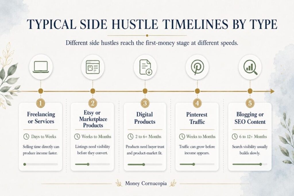 A realistic side hustle timeline comparing freelancing, Etsy products, digital products, Pinterest traffic, and blogging.