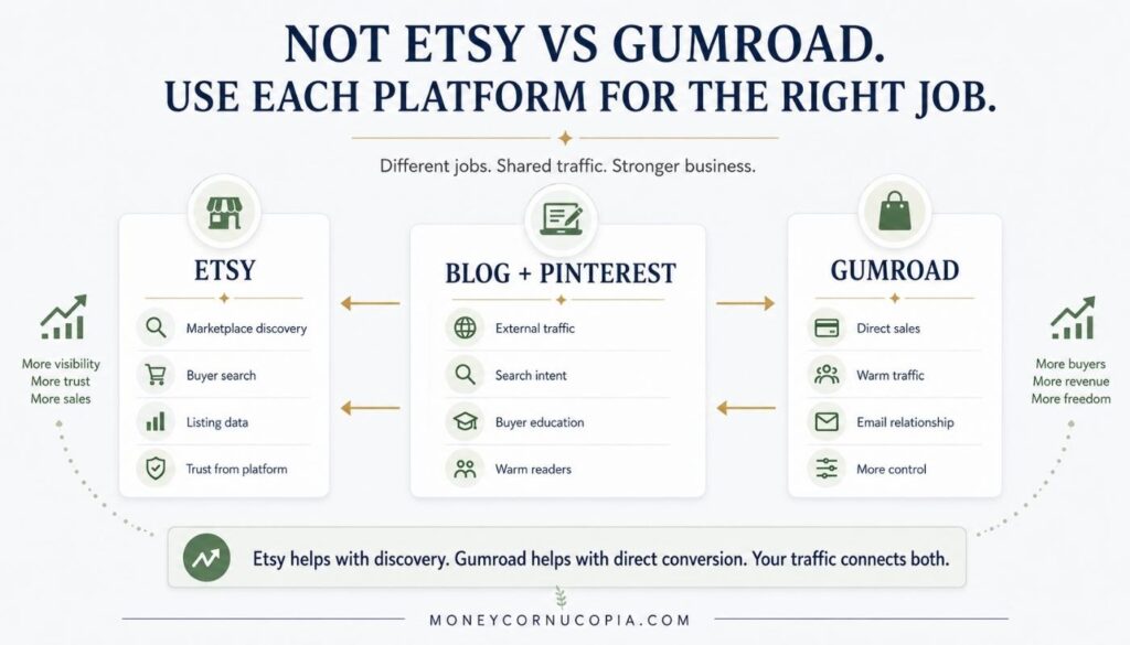 Strategy diagram showing Etsy for discovery, Gumroad for direct sales, and blog plus Pinterest as the traffic engine between both platforms.