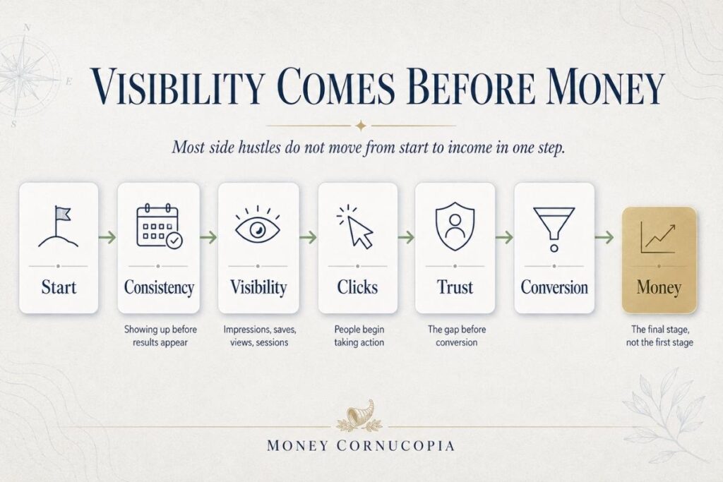 A side hustle process chart showing the path from consistency to visibility, clicks, trust, conversion, and money.