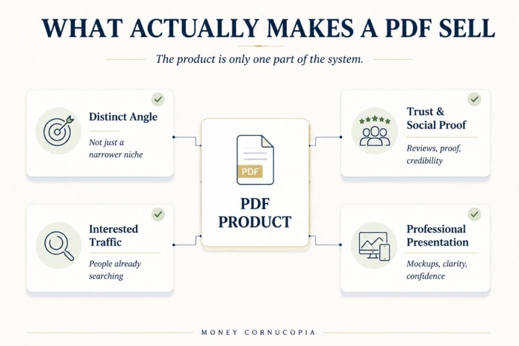 System infographic showing that a PDF product sells through a distinct angle, trust and social proof, interested traffic, and professional presentation.