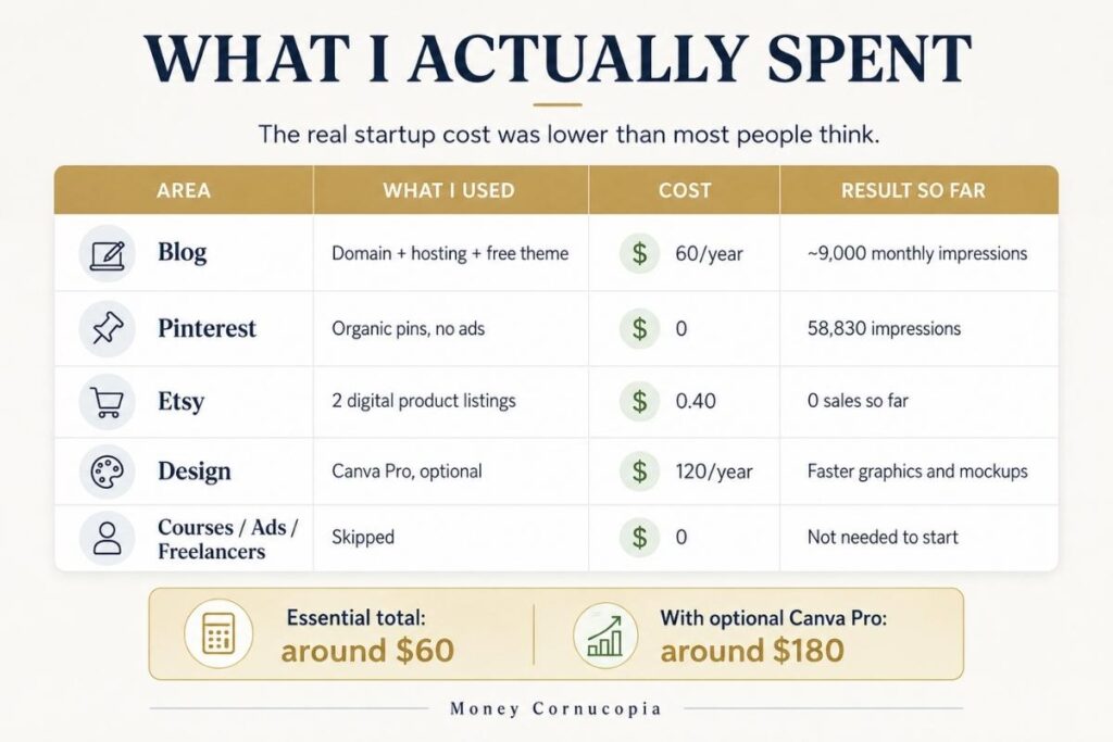 Cost breakdown table showing blog hosting, Pinterest, Etsy listings, optional Canva Pro, and skipped expenses for starting a side hustle with almost no money.
