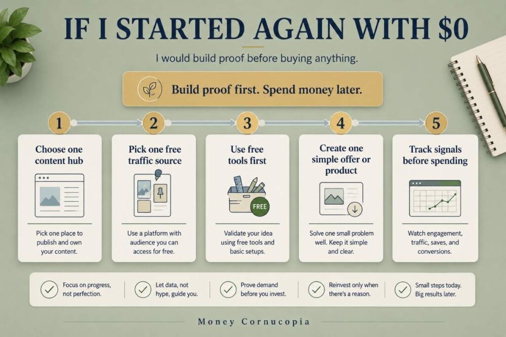 Roadmap showing five steps to start a side hustle with no money: choose one content hub, pick one free traffic source, use free tools, create one simple offer, and track signals before spending.