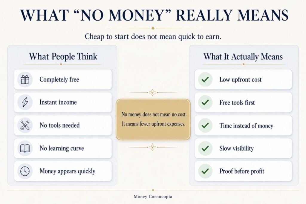 Infographic comparing what people think starting a side hustle with no money means versus what it actually means: low upfront cost, free tools, time, learning, and slow visibility.