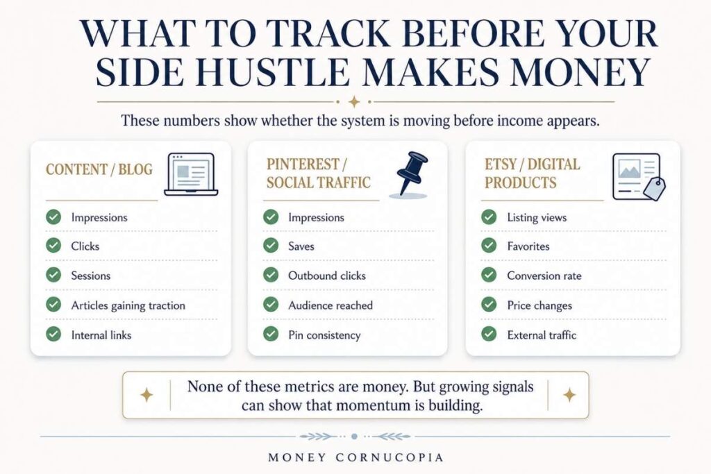 A side hustle tracking checklist showing blog, Pinterest, and Etsy metrics to monitor before earning money.
