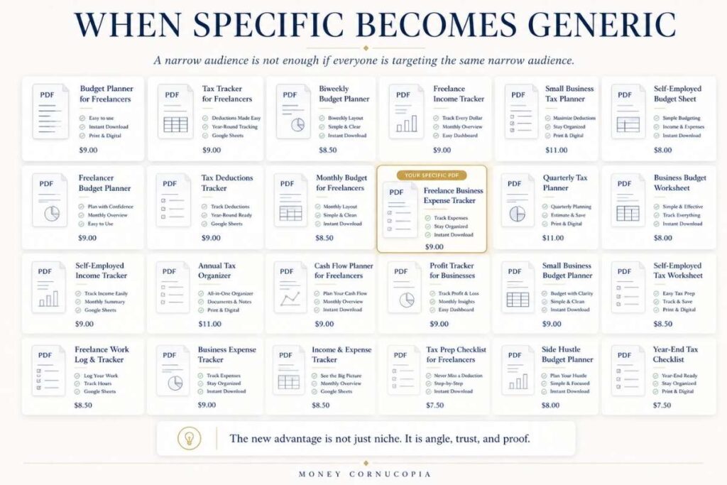 Marketplace-style infographic showing many similar PDF products and explaining how specific digital products can still become generic in crowded categories.