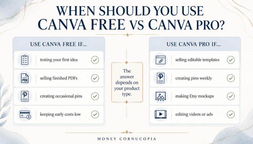 Decision chart showing when digital product sellers should use Canva Free and when Canva Pro is worth it for templates, pins, mockups, and videos.