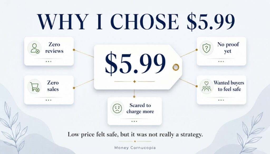 Infographic showing why a new Etsy seller chose a $5.99 price because of zero reviews, zero sales, no proof, and fear of charging more.
