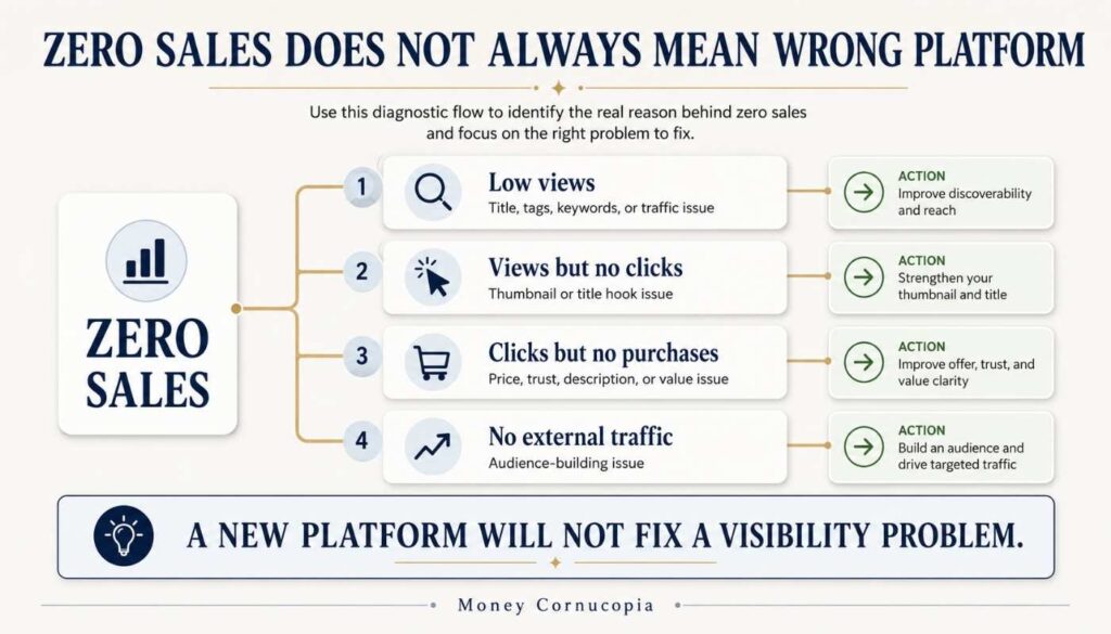 Diagnostic flowchart showing reasons for zero Etsy sales, including low views, weak clicks, no purchases, and no external traffic.